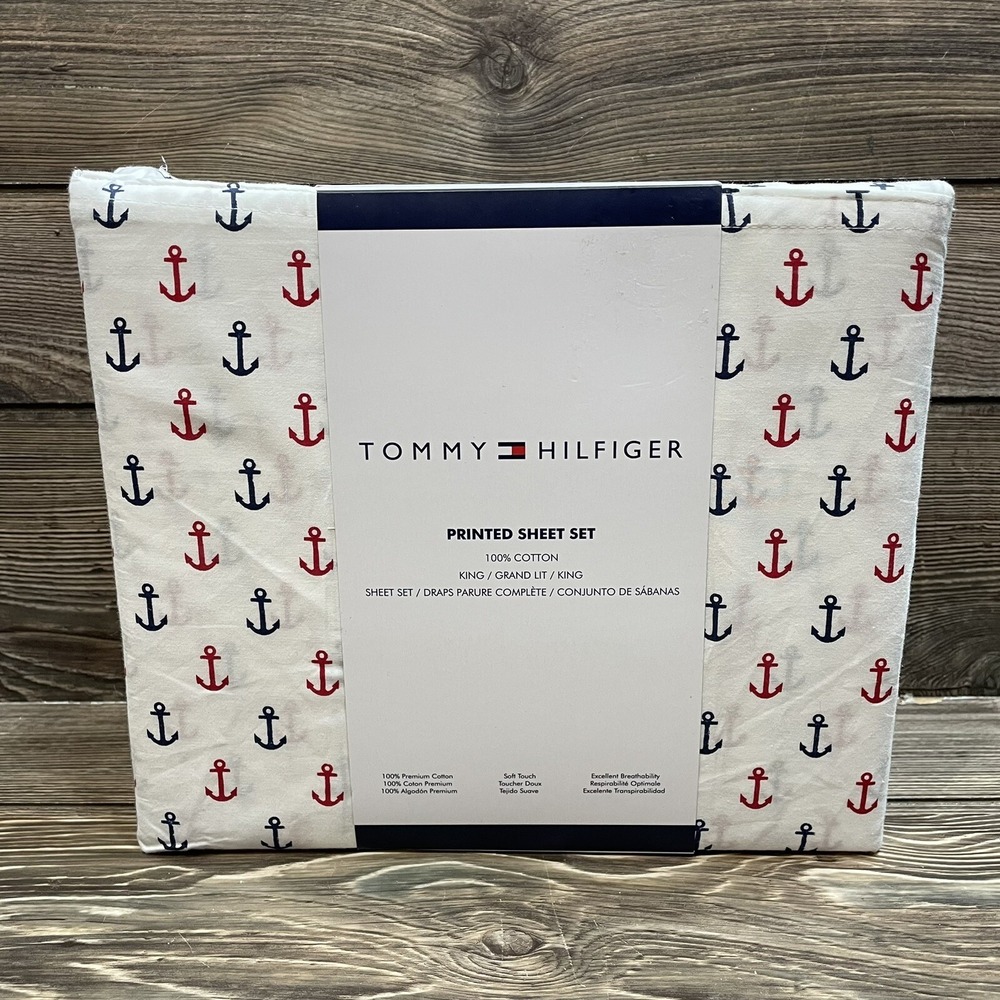 Tommy Hilfiger 100% Cotton KING 4 Piece Sheet Set Anchor Print‎ Nautical NEW